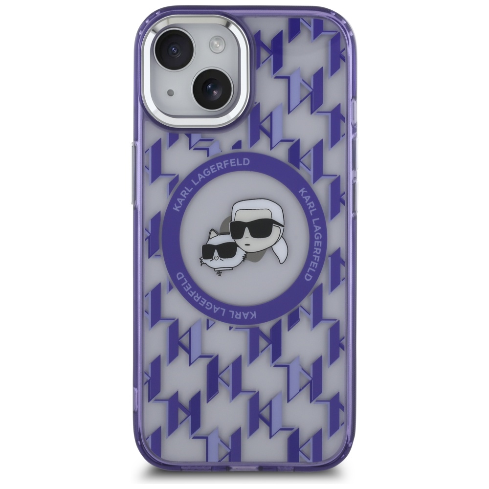Karl Lagerfeld iPhone 15 dėklas IML Monogram Karl & Choupette MagSafe, violetinis