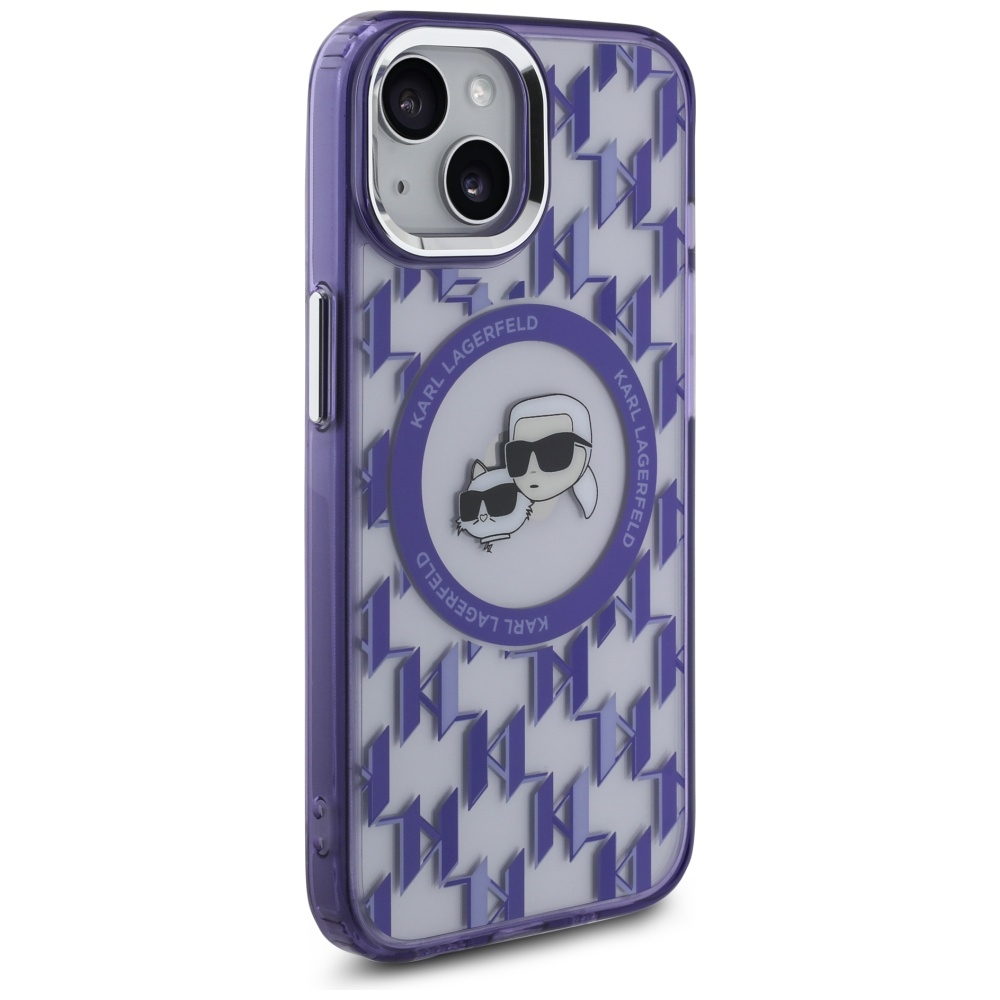 Karl Lagerfeld iPhone 15 dėklas IML Monogram Karl & Choupette MagSafe, violetinis