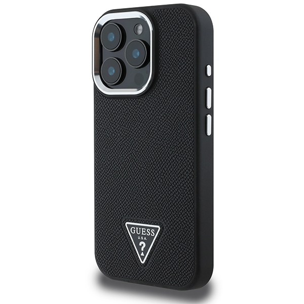Guess Grained Triangle MagSafe dėklas iPhone 16 Pro telefonui, juodas