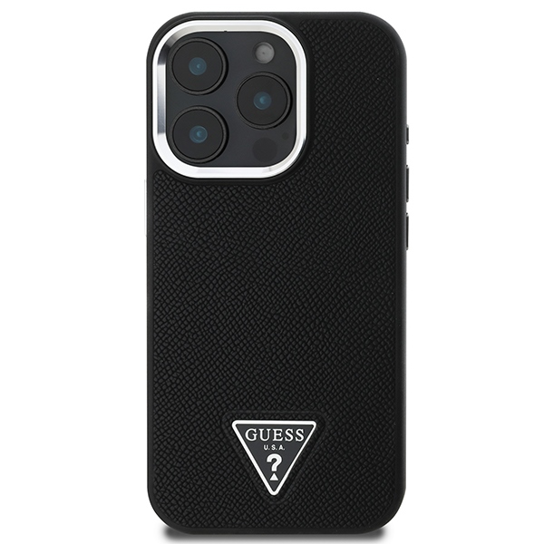Guess Grained Triangle MagSafe dėklas iPhone 16 Pro telefonui, juodas