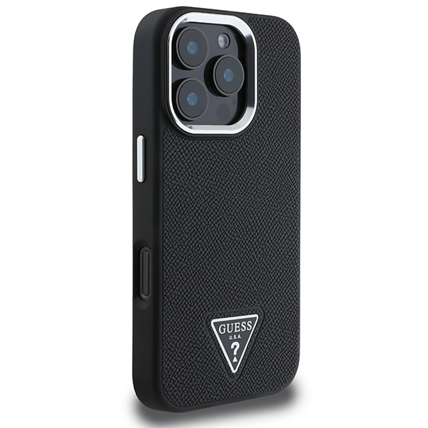 Guess Grained Triangle MagSafe dėklas iPhone 16 Pro telefonui, juodas