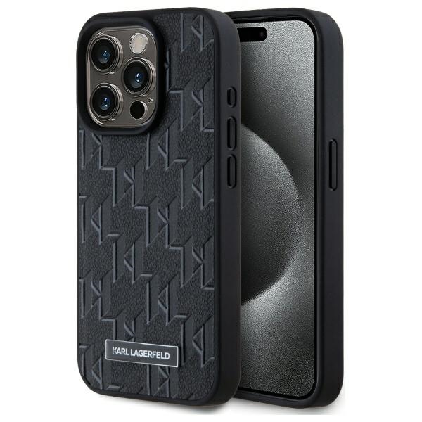 Karl Lagerfeld iPhone 15 Pro Case Leather Monogram Metal Logo MagSafe, Black