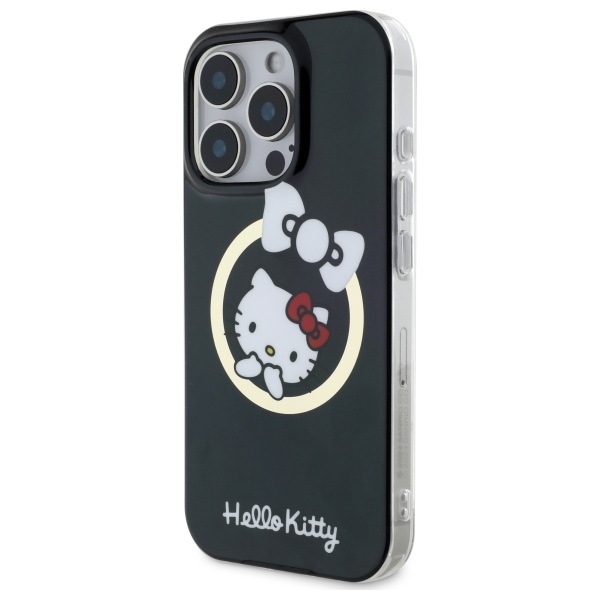 Hello Kitty dėklas iPhone 16 Pro su MagSafe, IML Fun Bow, juodas