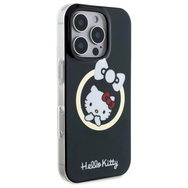Hello Kitty dėklas iPhone 16 Pro su MagSafe, IML Fun Bow, juodas