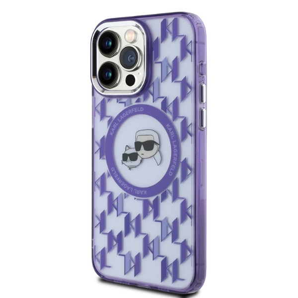 Karl Lagerfeld dėklas iPhone 15 Pro, IML Monogram Karl & Choupette MagSafe, violetinis