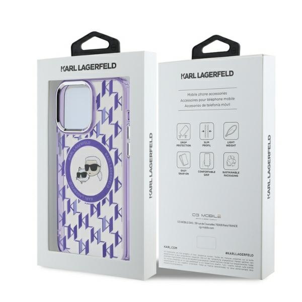 Karl Lagerfeld dėklas iPhone 15 Pro, IML Monogram Karl & Choupette MagSafe, violetinis