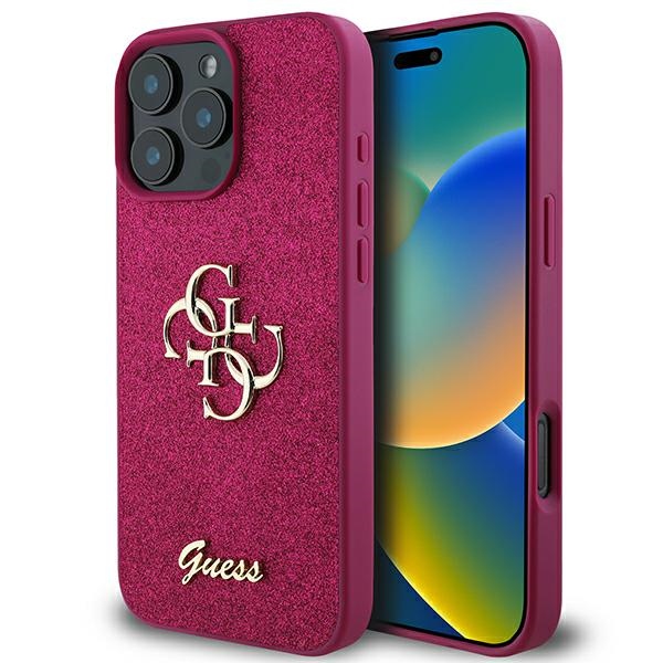 Guess Glitter Script Big 4G dėklas iPhone 16 Pro telefonui, violetinis