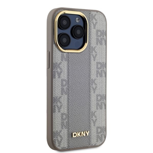 DKNY dėklas iPhone 15 Pro telefonui Leather Checkered Mono MagSafe, smėlio spalvos