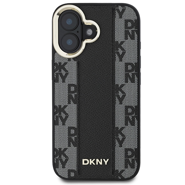 DKNY Leather Checkered Mono Pattern MagSafe dėklas telefonui iPhone 16, juodas