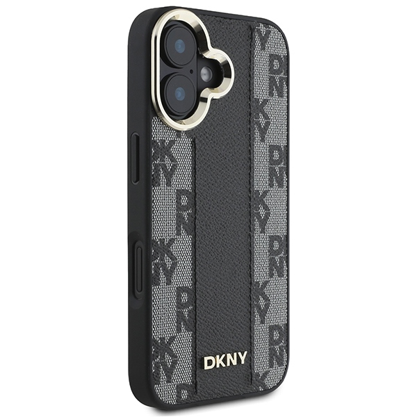 DKNY Leather Checkered Mono Pattern MagSafe dėklas telefonui iPhone 16, juodas