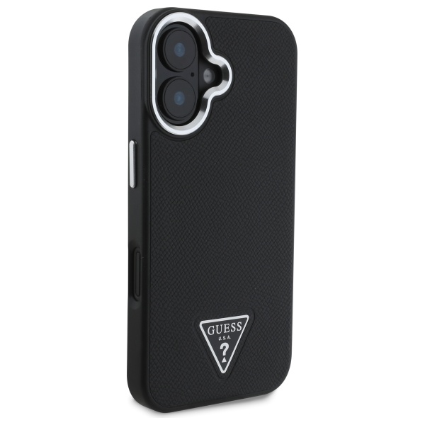 Guess Grained Triangle MagSafe dėklas skirtas iPhone 16, juodas