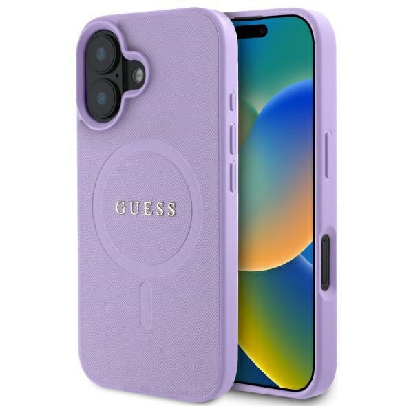 Guess dėklas iPhone 16 telefonui Saffiano MagSafe, violetinis