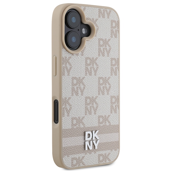 DKNY dėklas, skirtas iPhone 16, Checkered Mono Pattern & Printed Stripes, rožinis