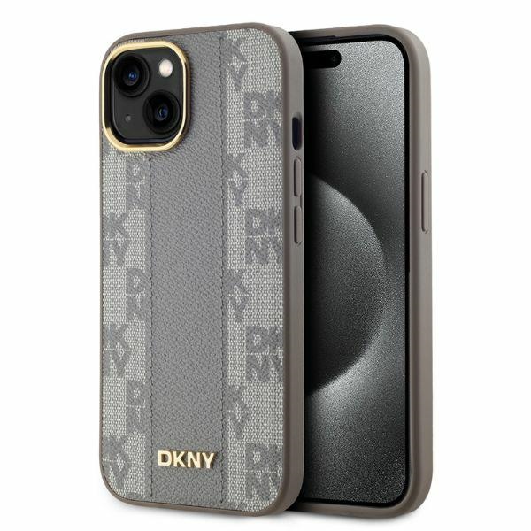 DKNY Leather Checkered Mono Pattern MagSafe dėklas iPhone 15, smėlio spalvos