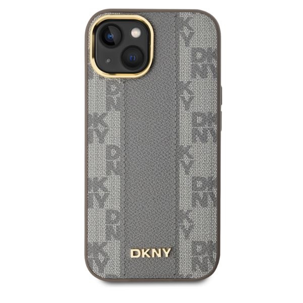 DKNY Leather Checkered Mono Pattern MagSafe dėklas iPhone 15, smėlio spalvos