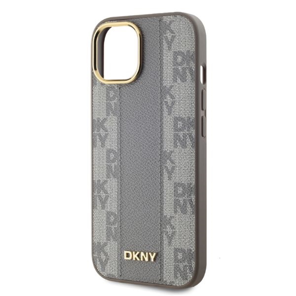 DKNY Leather Checkered Mono Pattern MagSafe dėklas iPhone 15, smėlio spalvos