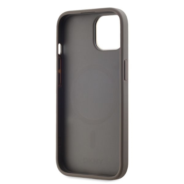 DKNY Leather Checkered Mono Pattern MagSafe dėklas iPhone 15, smėlio spalvos
