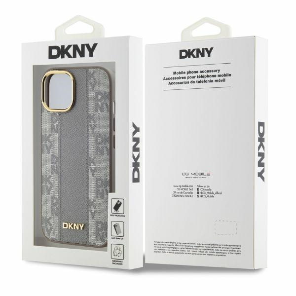 DKNY Leather Checkered Mono Pattern MagSafe dėklas iPhone 15, smėlio spalvos