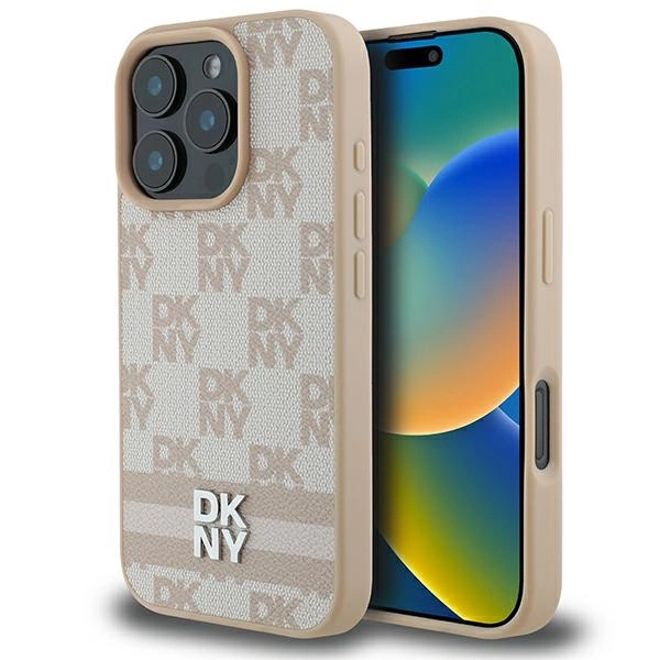 Apple iPhone 16 Pro 6.3'' DKNY Checkered Pattern Printed Stripes Case Cover, Pink