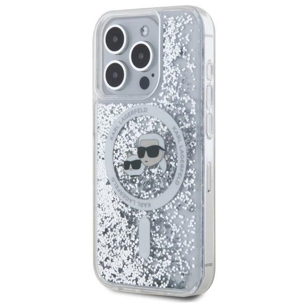 Karl Lagerfeld dėklas iPhone 15 Pro Max telefonui Liquid Glitter Karl & Choupette