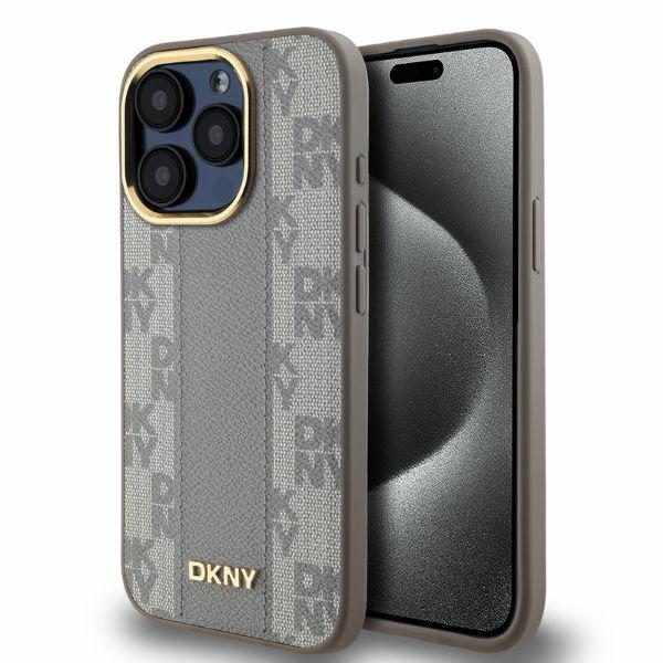 DKNY dėklas iPhone 15 Pro Max su MagSafe, Leather Checkered Mono Pattern, smėlio spalvos