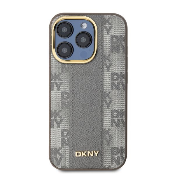 DKNY dėklas iPhone 15 Pro Max su MagSafe, Leather Checkered Mono Pattern, smėlio spalvos