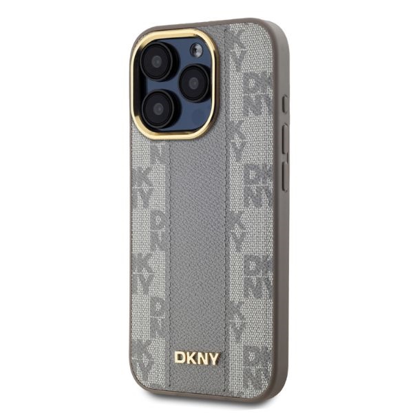 DKNY dėklas iPhone 15 Pro Max su MagSafe, Leather Checkered Mono Pattern, smėlio spalvos