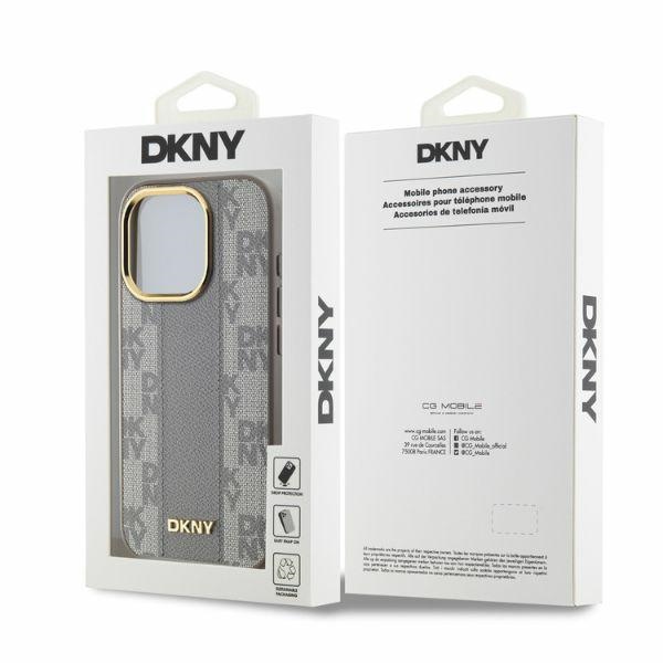 DKNY dėklas iPhone 15 Pro Max su MagSafe, Leather Checkered Mono Pattern, smėlio spalvos