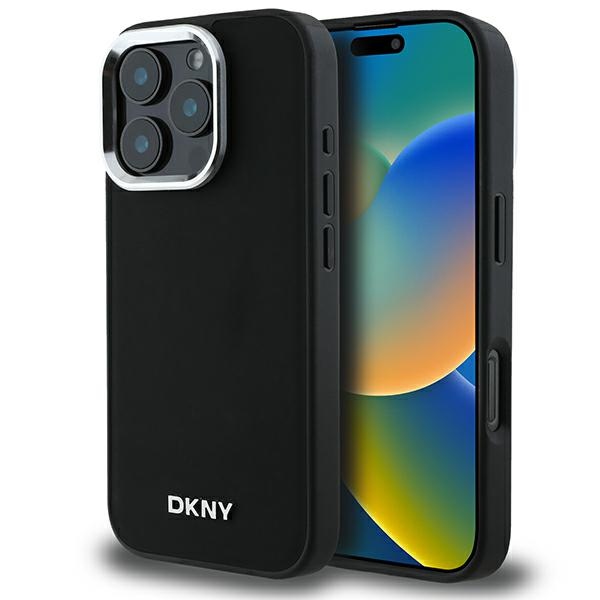 DKNY Plain Silver Logo MagSafe dėklas, skirtas iPhone 16 Pro Max, juodas