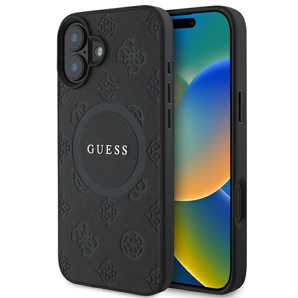 Guess iPhone 16 dėklas Saffiano Peony Classic Logo MagSafe, juodas