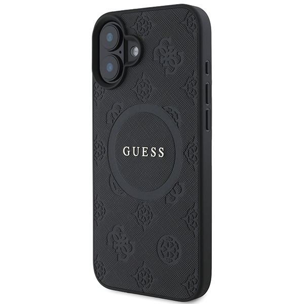 Guess iPhone 16 dėklas Saffiano Peony Classic Logo MagSafe, juodas
