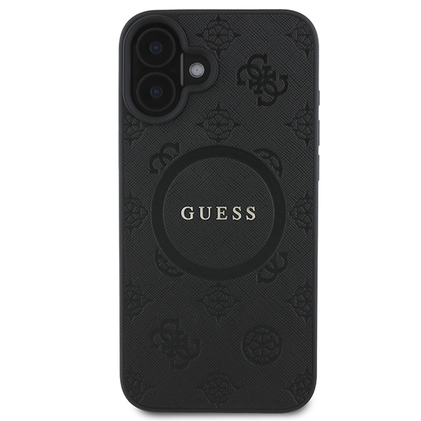Guess iPhone 16 dėklas Saffiano Peony Classic Logo MagSafe, juodas
