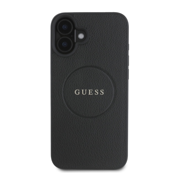 Guess Grained Gold Ring MagSafe dėklas skirtas iPhone 16, juodas