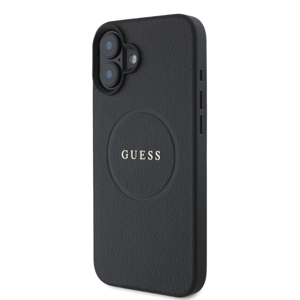 Guess Grained Gold Ring MagSafe dėklas skirtas iPhone 16, juodas