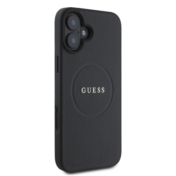 Guess Grained Gold Ring MagSafe dėklas skirtas iPhone 16, juodas