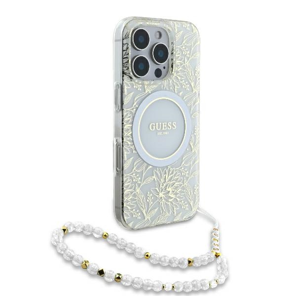 Guess IML Flowers Allover Electro With Pearl Strap MagSafe case for iPhone 16 Pro Max - white