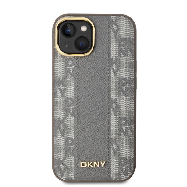 DKNY Leather Checkered Mono Pattern MagSafe dėklas iPhone 14, smėlio spalvos