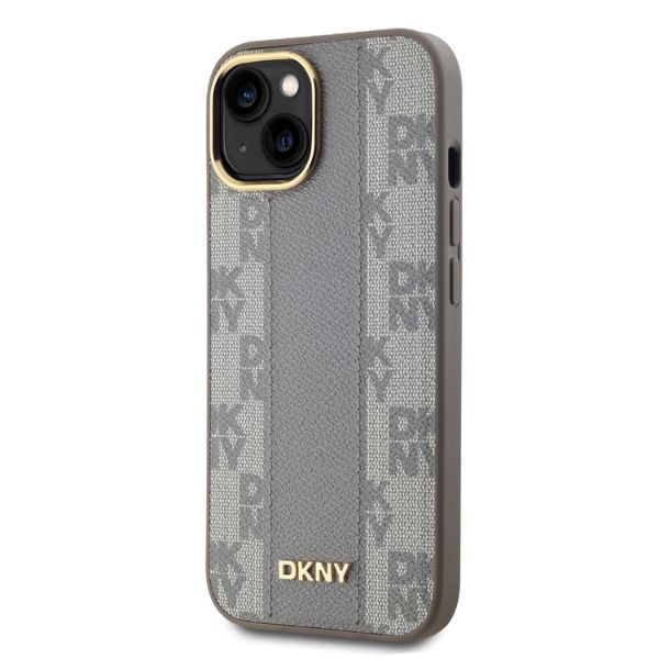 DKNY Leather Checkered Mono Pattern MagSafe dėklas iPhone 14, smėlio spalvos