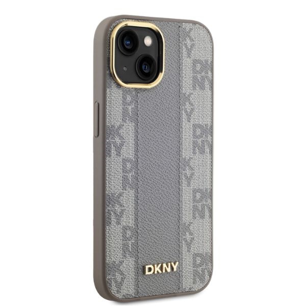 DKNY Leather Checkered Mono Pattern MagSafe dėklas iPhone 14, smėlio spalvos