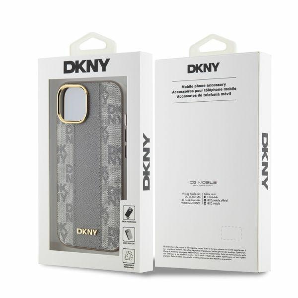 DKNY Leather Checkered Mono Pattern MagSafe dėklas iPhone 14, smėlio spalvos
