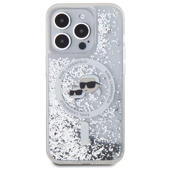 Karl Lagerfeld dėklas iPhone 15 Pro su MagSafe, Liquid Glitter Karl & Choupette