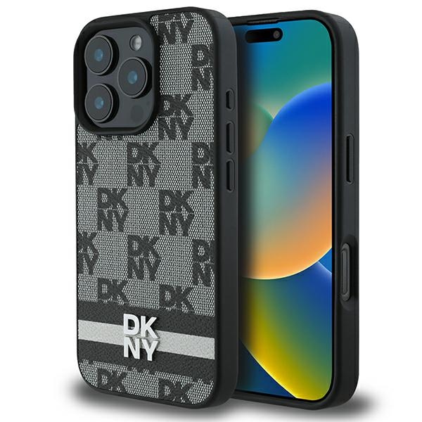 DKNY dėklas iPhone 16 Pro su šachmatiniu raštu ir juostelėmis, juodas