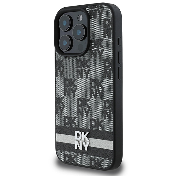 DKNY dėklas iPhone 16 Pro su šachmatiniu raštu ir juostelėmis, juodas