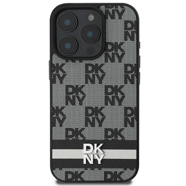 DKNY dėklas iPhone 16 Pro su šachmatiniu raštu ir juostelėmis, juodas