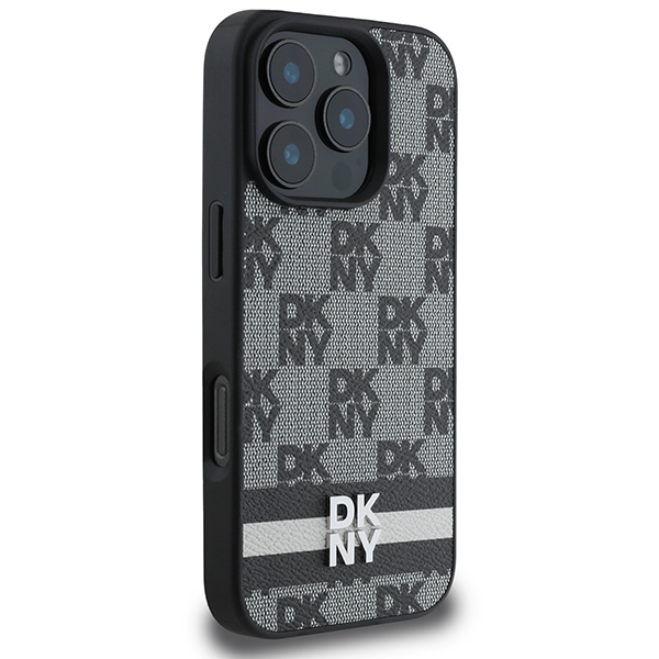 DKNY dėklas iPhone 16 Pro su šachmatiniu raštu ir juostelėmis, juodas