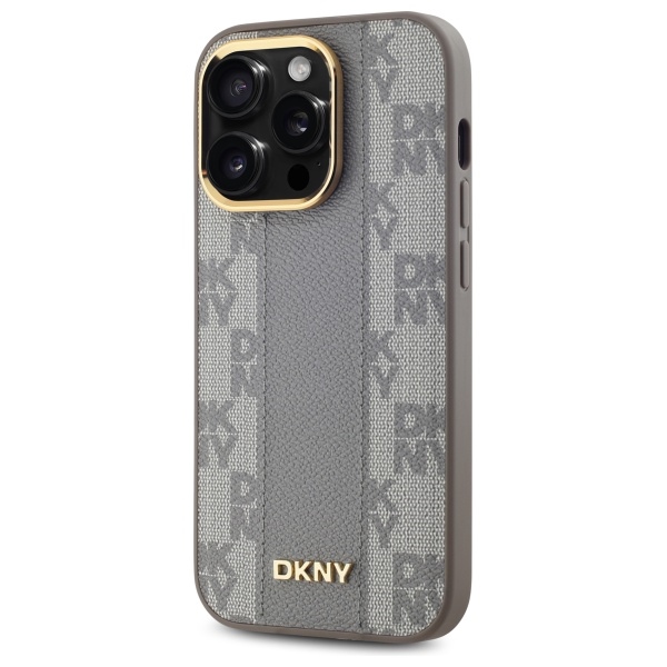 DKNY Leather Checkered Mono Pattern MagSafe dėklas iPhone 14 Pro, smėlio spalvos
