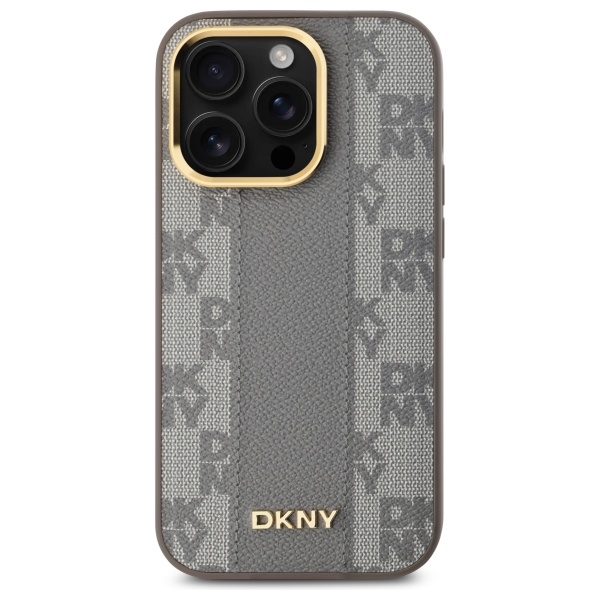 DKNY Leather Checkered Mono Pattern MagSafe dėklas iPhone 14 Pro, smėlio spalvos