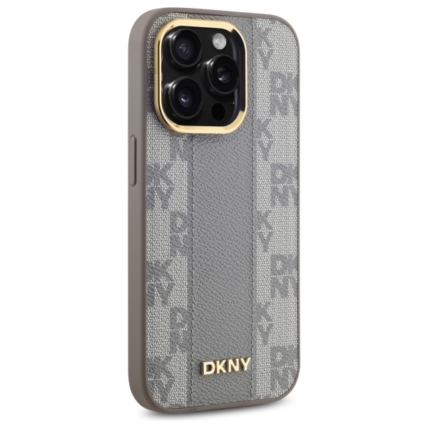 DKNY Leather Checkered Mono Pattern MagSafe dėklas iPhone 14 Pro, smėlio spalvos