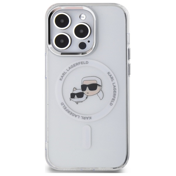 Karl Lagerfeld dėklas iPhone 14 Pro Max telefonui Metal Karl & Choupette MagSafe, baltas