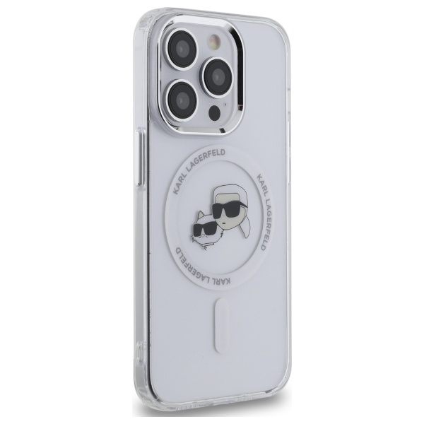 Karl Lagerfeld dėklas iPhone 14 Pro Max telefonui Metal Karl & Choupette MagSafe, baltas